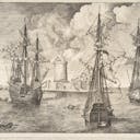 Pieter Bruegel the Elder, One four-masted and two armed three-masted ships anchored off a fortified island with a lighthouse, engraving and etch